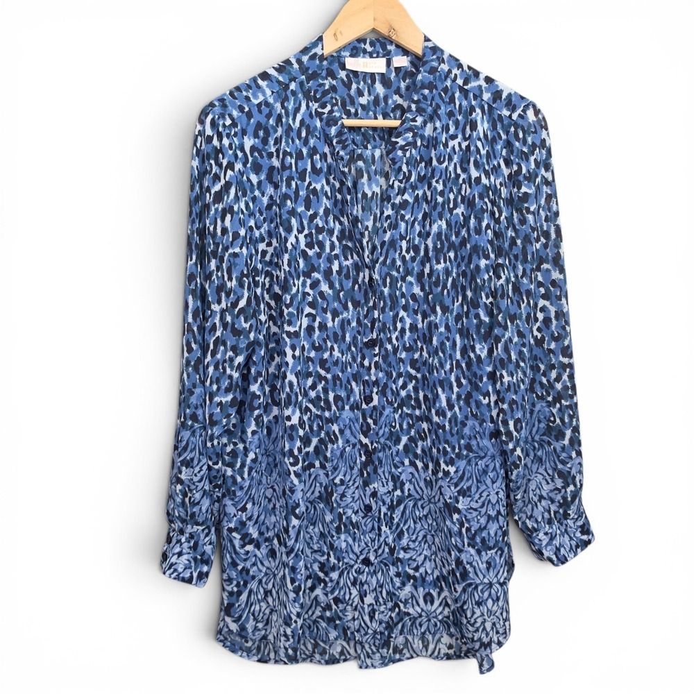Belle by Kim Gravel Top Womens Large‎ Blue Animal Print Button Up Tunic Sheer